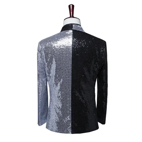 Men's Sequined Blazer Jacket Asymmetric Colorblock Shiny Tuxedo Coat for Stage Party Singer Host Fashion Outerwear