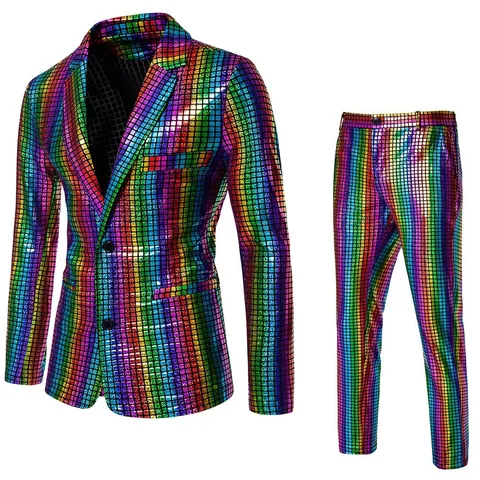 Men Sequin Bronzing Suit Set Shiny Glitter Metallic Blazer And Trousers Two Piece Outfit For Party Stage Nightclub