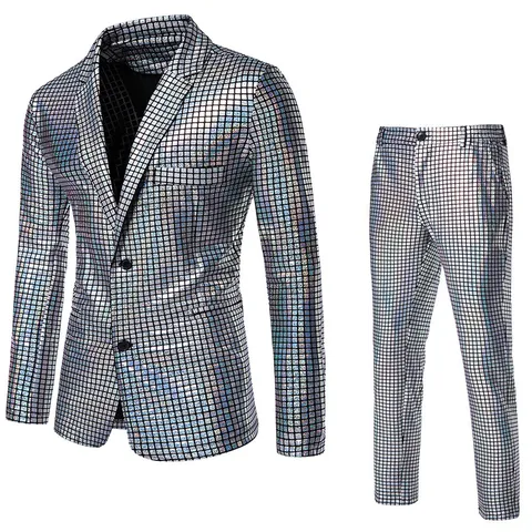 Men Sequin Bronzing Suit Set Shiny Glitter Metallic Blazer And Trousers Two Piece Outfit For Party Stage Nightclub