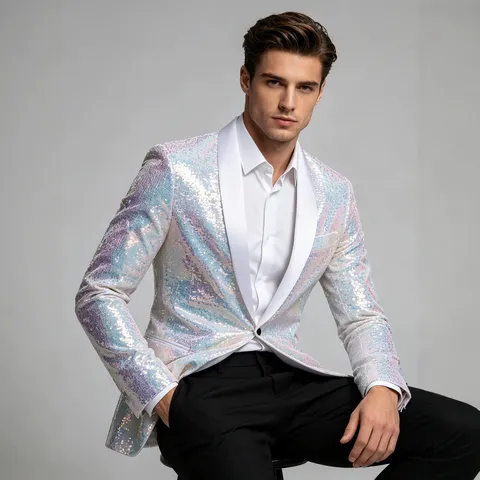 Chaqueta de Traje con Lentejuelas para Hombre Corte Ajustado Solapa Chal Un Botón Blazer Fiesta Espectáculo