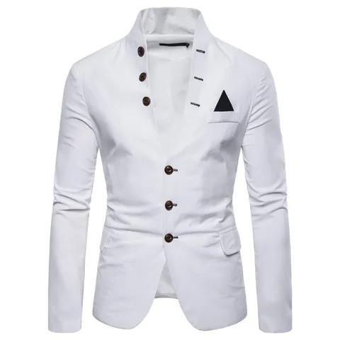 Veste de Costume Slim Casual en Mélange de Coton pour Hommes Col Officier Boutons Blazer