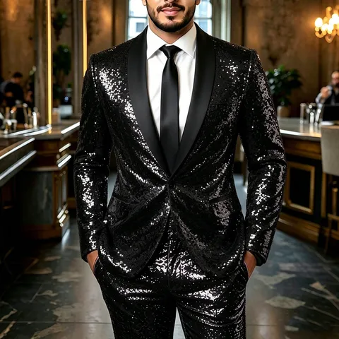 Andriko Lampro Sako Me Poulies Kai Makry Panteloni Top Kai Bottom Disco Club Skini Parastasi Party Outfit