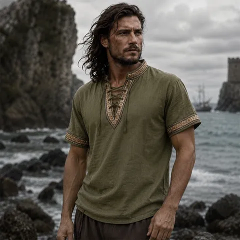 Homme Médiéval Pirate Chemise Coton Lacets Renaissance Chemise Viking Vintage Écossais Halloween Cosplay Costume Haut