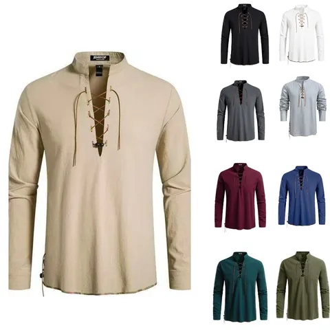 Men's Cotton Linen Henley Shirt Retro Casual Lace Up Long Sleeve Shirt Collarless Loose Fit Streetwear Hip Hop Top For Men