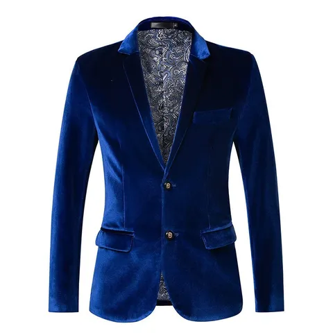 Men's Velvet Suit Jacket Slim Fit Two Button Solid Color Casual Blazer Retro Business Outerwear Elegant Coat