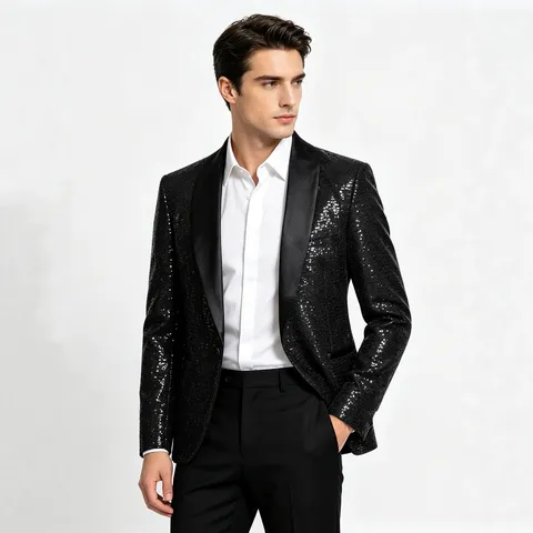 Chaqueta de Traje con Lentejuelas para Hombre Corte Ajustado Solapa Chal Un Botón Blazer Fiesta Espectáculo