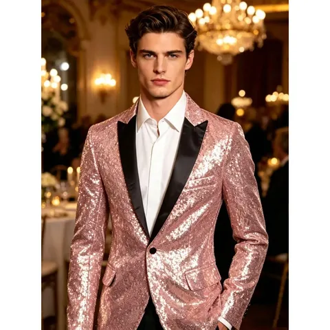Veste de Costume à Paillettes Brillantes pour Hommes Manches Longues Blazer Un Bout pour Performance sur Scène Fête Boîte de Nuit