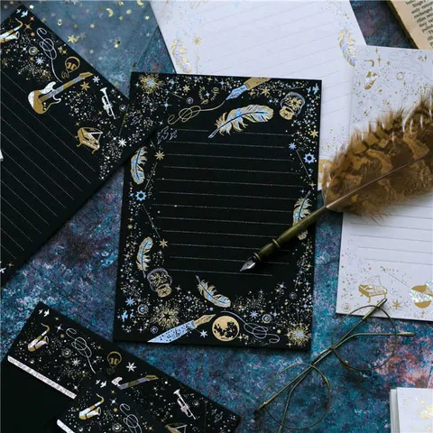 Juego de Papel de Cartas y Sobre con Estampado en Caliente de Cielo Estrellado Vintage Estilo Ins Fresco Papelería de Carta de Amor