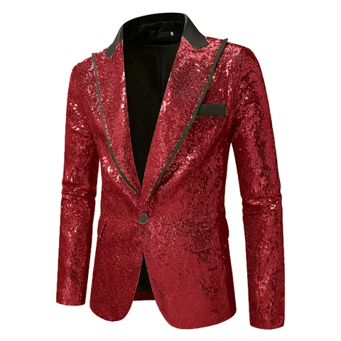 Blazer de Lentejuelas para Hombre Chaqueta de Traje Brillo Un Botón Solapa Discoteca Fiesta Escenario Espectáculo Esmoquin