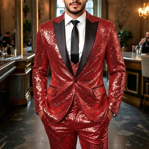 Men's Sequin Suit Set Slim Fit Single Button Blazer And Trousers Shiny Party Club Stage Performance Two Piece Outfit