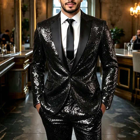 Men's Sequin Suit Set Slim Fit Single Button Blazer And Trousers Shiny Party Club Stage Performance Two Piece Outfit