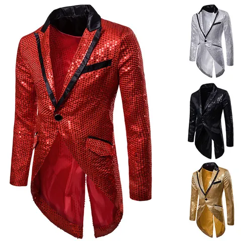 Mens Fashion Luxury Cotton Blend Sequin Swallowtail Suit Jacket Lapel Single Button Evening Party Blazer