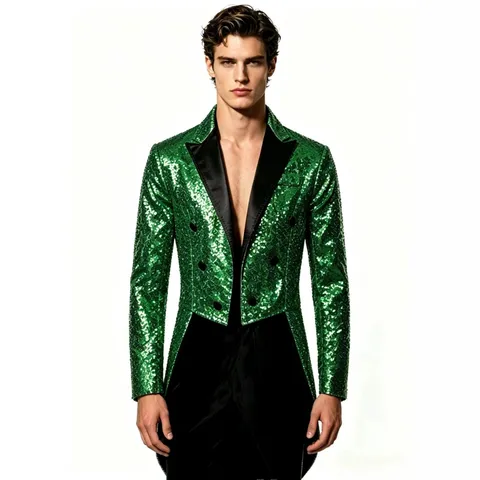 Men's Fashion Sequin Suit Tailcoat Nightclub Banquet Performance Slim Fit Long Sleeve Double Breasted Blazer Outerwear