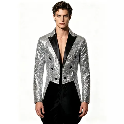 Men's Fashion Sequin Suit Tailcoat Nightclub Banquet Performance Slim Fit Long Sleeve Double Breasted Blazer Outerwear