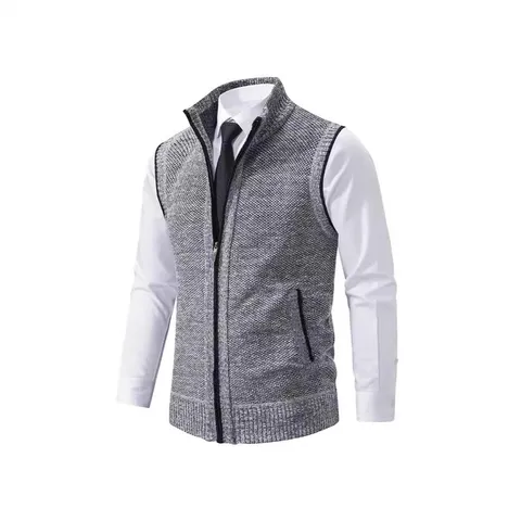 Men's Thickened Fleece Lined Knitted Vest Stand Collar Zipper Cardigan Casual Sleeveless Sweater Jacket