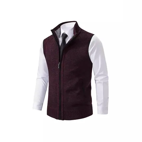 Men's Thickened Fleece Lined Knitted Vest Stand Collar Zipper Cardigan Casual Sleeveless Sweater Jacket