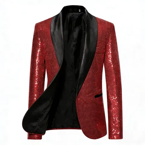 Men's Sparkling Sequin Suit Jacket Shawl Lapel Single Button Blazer For Party Stage Performance Nightclub