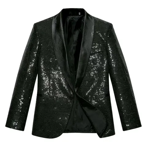 Men's Sequin Blazer Shiny Party Prom Tuxedo Jacket Shawl Lapel One Button Stage Performance Suit Jacket