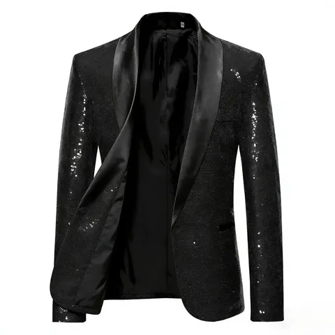 Men's Sparkling Sequin Suit Jacket Shawl Lapel Single Button Blazer For Party Stage Performance Nightclub