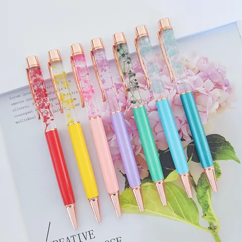 Bolígrafo de Flores Secas Flotantes Cuerpo de Metal Tubo de Acrílico Papelería Elegante Regalo de Oficina para Mujer