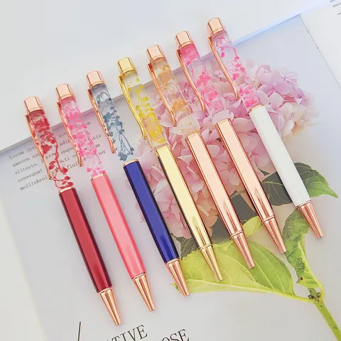 Bolígrafo de Flores Secas Flotantes Cuerpo de Metal Tubo de Acrílico Papelería Elegante Regalo de Oficina para Mujer