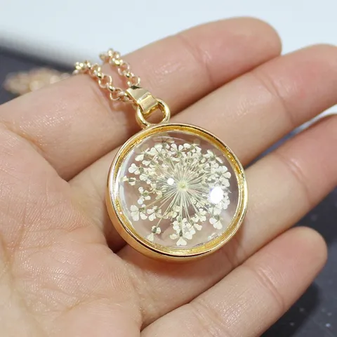 Vintage Glass Ball Dried Flower Necklace Dandelion Snow Flower Pendant Round Spherical Alloy Chain For Women Jewelry Gift