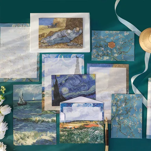 Set de Papeterie Rétro Artistique en Papier Kraft Peinture à l'Huile Van Gogh Papier à Lettres Set d'Enveloppes Invitation de Mariage Romantique