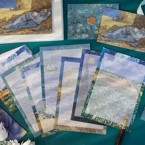 Set de Papeterie Rétro Artistique en Papier Kraft Peinture à l'Huile Van Gogh Papier à Lettres Set d'Enveloppes Invitation de Mariage Romantique