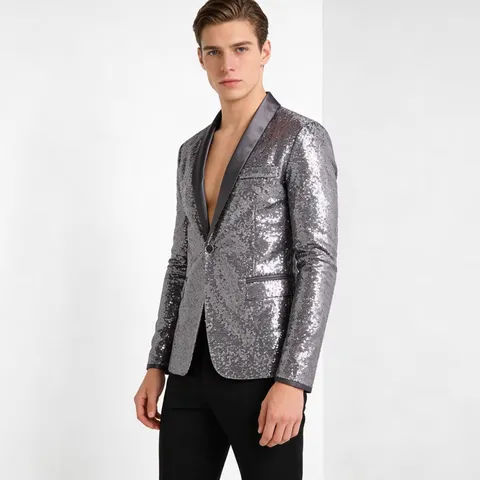 Chaqueta de Traje con Lentejuelas de Moda para Hombre Solapa Chal Monopetto Un Botón Blazer de Actuación