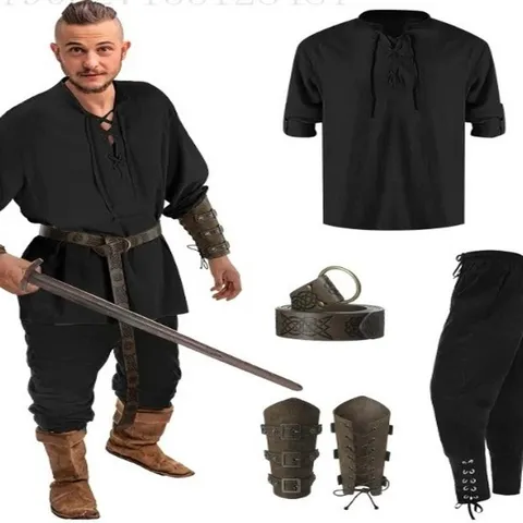 Hombres Disfraz de Pirata del Renacimiento Medieval Conjunto Vintage Halloween Cosplay Traje Camisa Pantalones Cinturón Muñequeras
