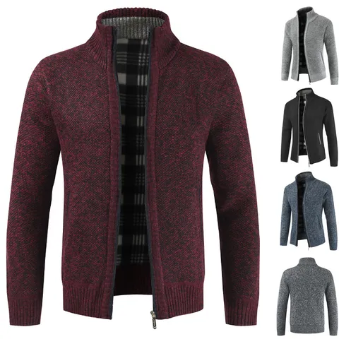 Men's Winter Thermal Fleece Lined Stand Collar Cardigan Zipper Sweater Cotton Blend Casual Long Sleeve Knitwear Outerwear