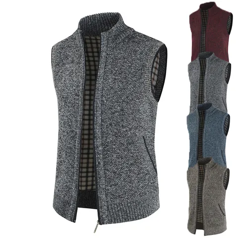 Men's Casual Knit Vest Stand Collar Full Zip Sleeveless Cardigan Warm Fleece Lined Solid Color Outerwear