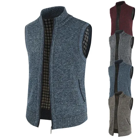 Men's Casual Knit Vest Stand Collar Full Zip Sleeveless Cardigan Warm Fleece Lined Solid Color Outerwear