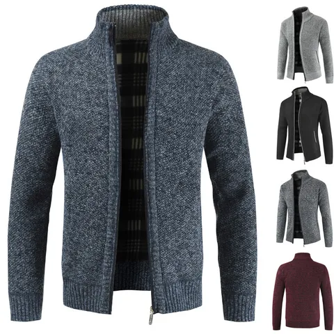 Men's Winter Thermal Fleece Lined Stand Collar Cardigan Zipper Sweater Cotton Blend Casual Long Sleeve Knitwear Outerwear