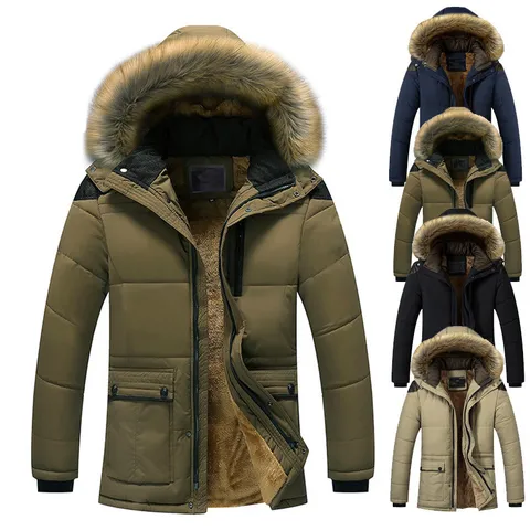 Giubbotto Imbottito Invernale Ispessito da Uomo con Cappuccio e Collo in Pelliccia Sintetica Cappotto Casual Caldo Tinta Unita