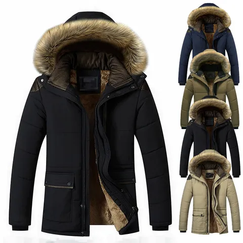 Giubbotto Imbottito Invernale Ispessito da Uomo con Cappuccio e Collo in Pelliccia Sintetica Cappotto Casual Caldo Tinta Unita