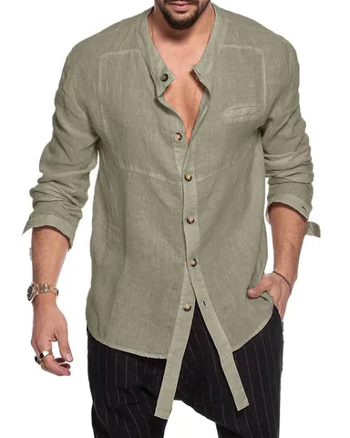 Men's Casual Long Sleeve Shirt Cotton Linen Blend Mandarin Collar Solid Color Top