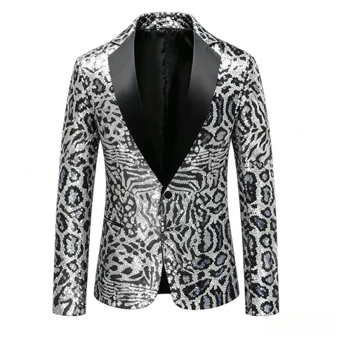 Men's Leopard Sequins Casual Suit Jacket Stylish Stage Performance Blazer