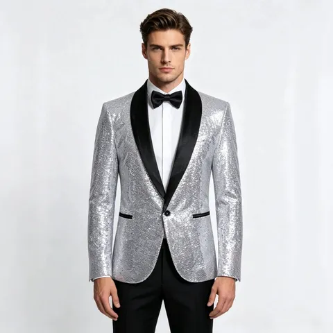 Men's Sequin Suit Jacket Casual Shiny Glitter Party Blazer Single Button Shawl Lapel Stage Performance Outerwear