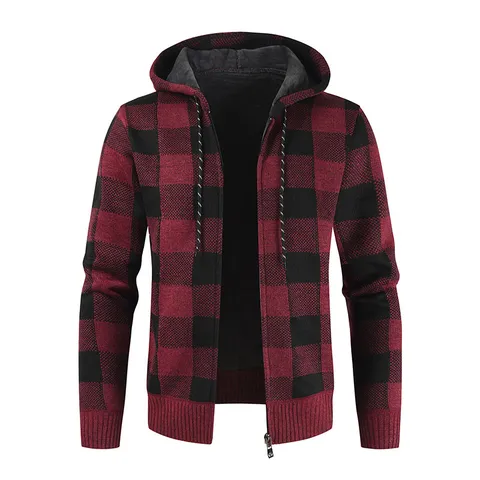 Men's Winter Fleece Lined Thickened Cardigan Sweater Hooded Casual Plaid Knit Coat Thermal Outerwear Male Clothing