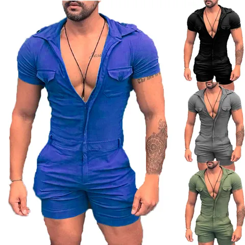 Men's Casual Solid Color Hooded Short Sleeve Zipper Jumpsuit Summer Sports Short Romper With Chest Pockets