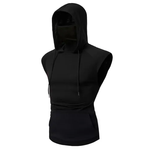 Débardeur à Capuche sans Manches Décontracté pour Hommes avec Masque Facial Gilet Style Ninja Vêtement de Rue d'Été