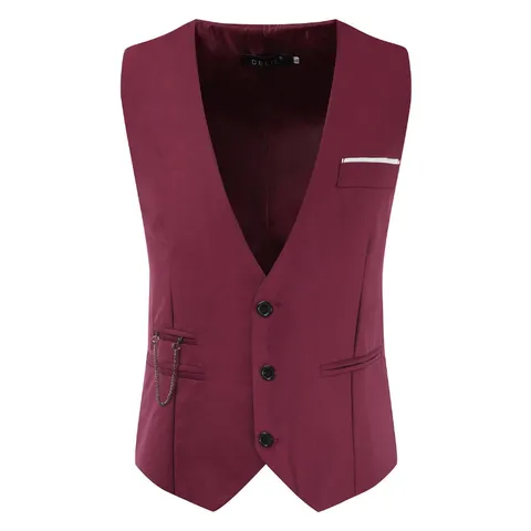 Men's Formal Business Slim Fit Suit Vest V Neck Single Breasted Waistcoat With Chain Pocket Square For Wedding Party Groom