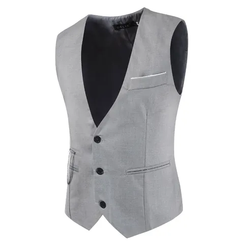 Men's Formal Business Slim Fit Suit Vest V Neck Single Breasted Waistcoat With Chain Pocket Square For Wedding Party Groom