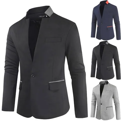 Men's Casual Slim Fit Suit Jacket Single Button Long Sleeve Patchwork Business Blazer