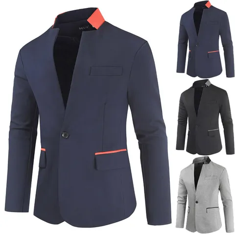 Men's Casual Slim Fit Suit Jacket Single Button Long Sleeve Patchwork Business Blazer