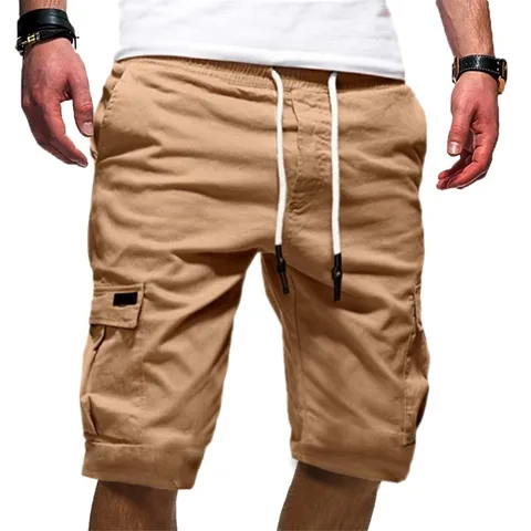 Pantalones Cortos Cargo Casuales para Hombre Ajuste Holgado Mezcla de Algodón Verano Cordón Bolsillos Múltiples Color Sólido Playa