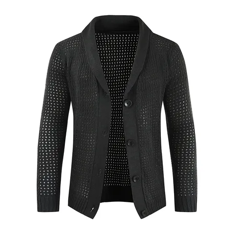 Herren Casual Cardigan Pullover Einreiher Revers Durchbrochenes Häkelmuster Langarm Strickwaren Herbst Winter Oberteil
