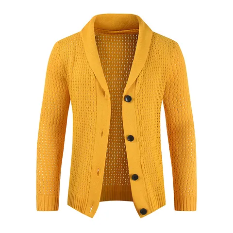 Herren Casual Cardigan Pullover Einreiher Revers Durchbrochenes Häkelmuster Langarm Strickwaren Herbst Winter Oberteil