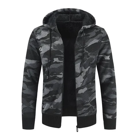 Women Casual Fleece Lined Hooded Camouflage Sweater Full Zip Up Cardigan Long Sleeve Loose Knit Outerwear Top